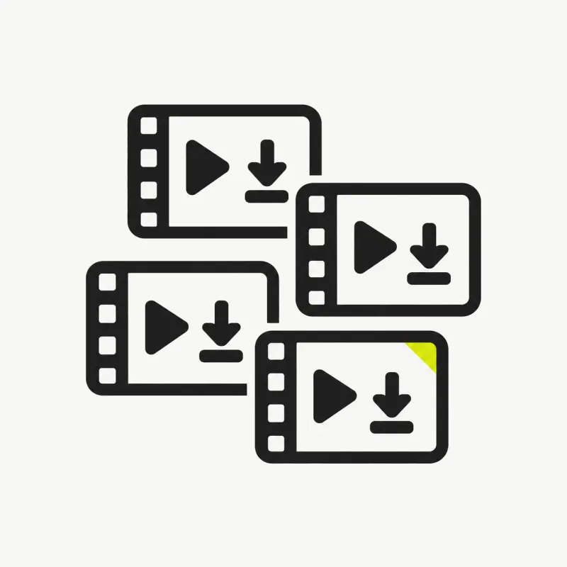 Illustration: several short clip tiles each with a play triangle and a download arrow