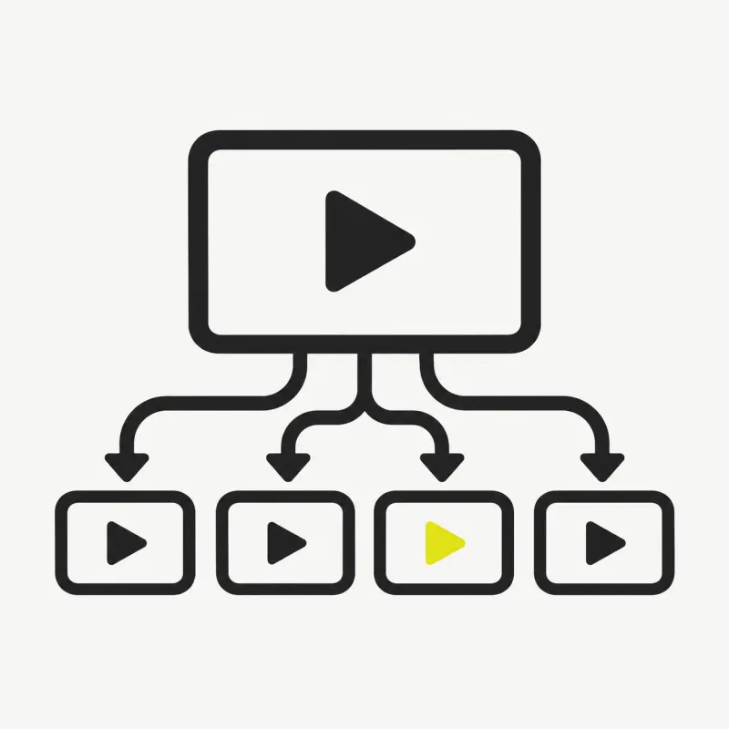 Illustration: a video frame branching into several short social tiles