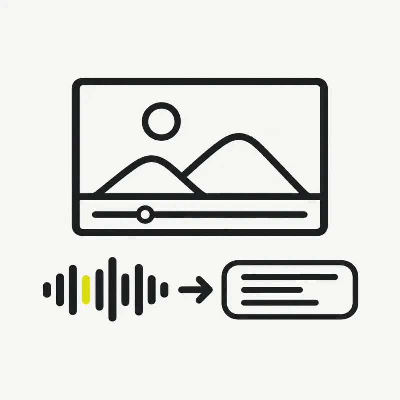 Illustration: a soundwave turning into a caption bar under a video frame