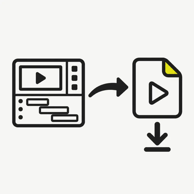 Illustration: a video project turning into a single MP4 file tile with a download arrow