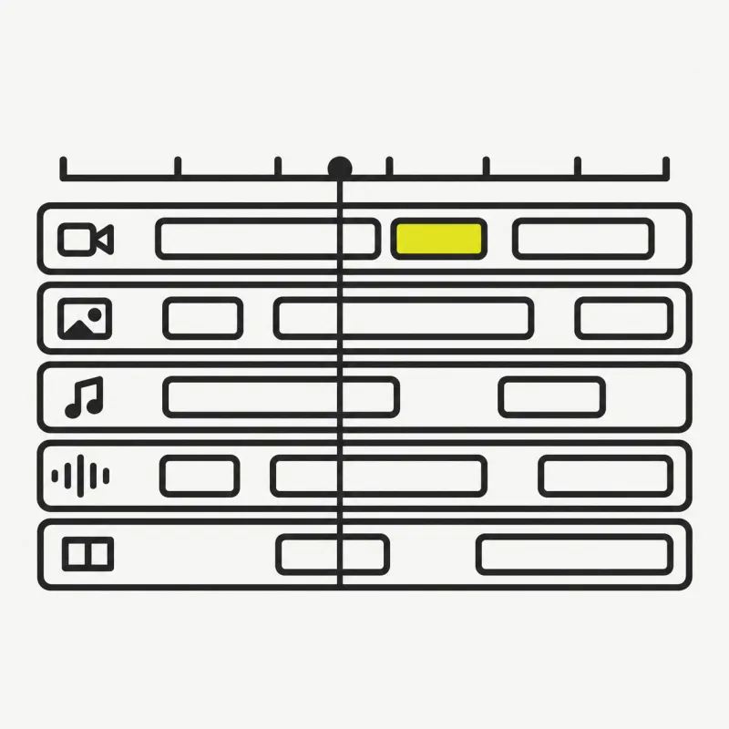 Illustration: a stack of horizontal editing tracks with clip blocks aligned on a timeline