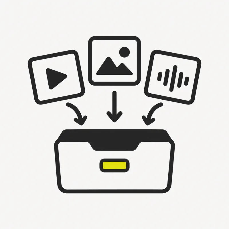Illustration: media file cards video image and audio being dropped into an editor bin