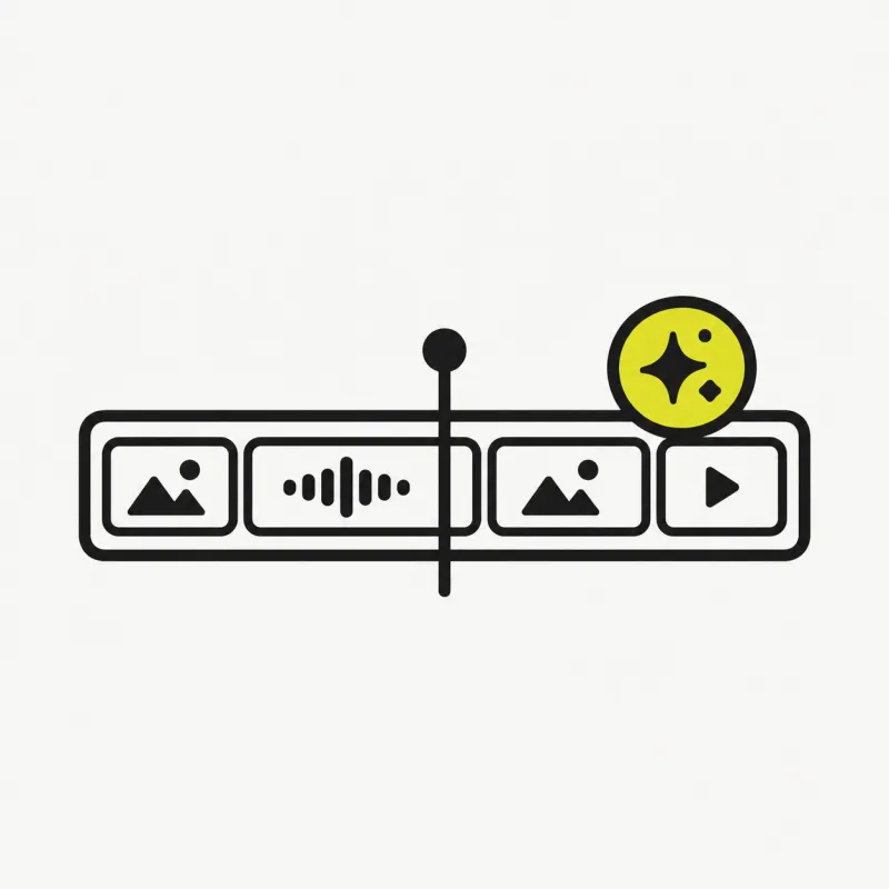 Illustration: an editing timeline with clip blocks and a small spark AI badge