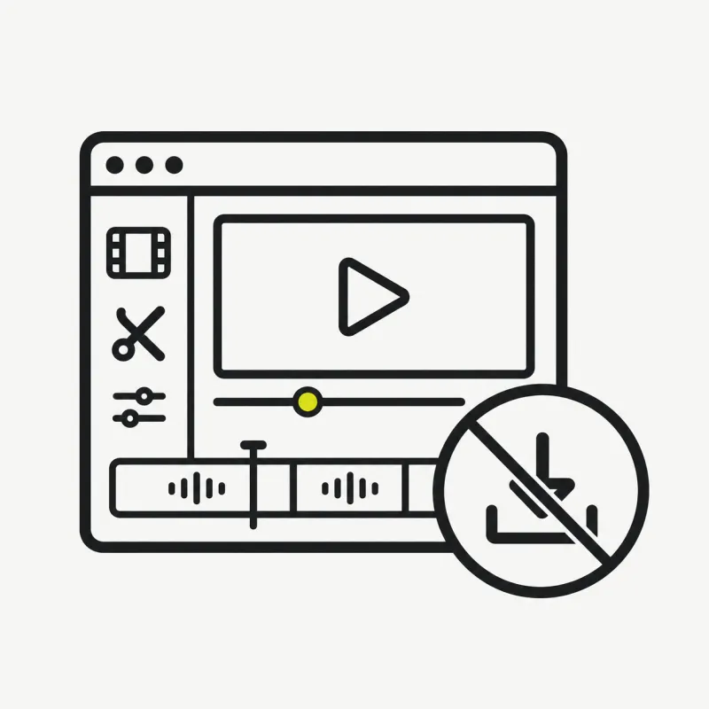 Illustration: a browser window with an editor and a crossed-out download-install badge