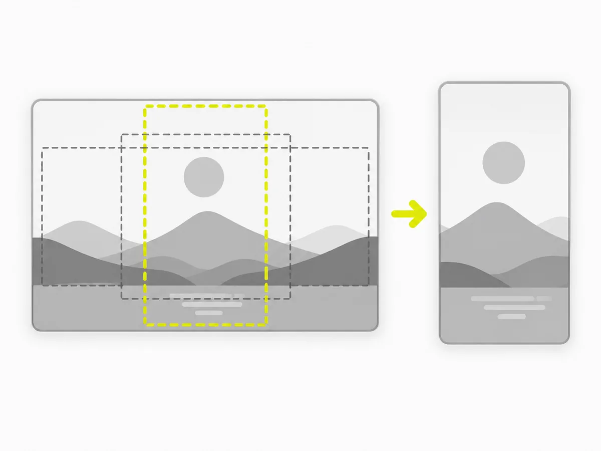 Diagram: one source frame being cropped to 9:16, 1:1, 4:5 and 16:9 aspect-ratio boxes