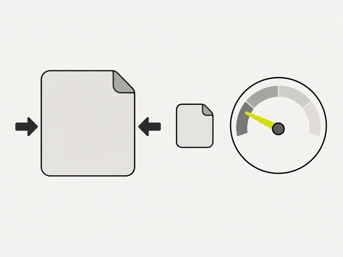 Diagram: a large file squeezed into a much smaller one beside a gauge reading low — compress with a size you can see