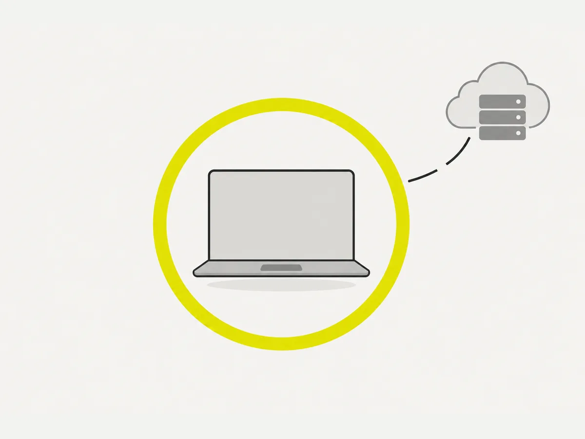 Diagram: your device wrapped in a protective ring with the link to a cloud server cut off — files are processed locally, never uploaded