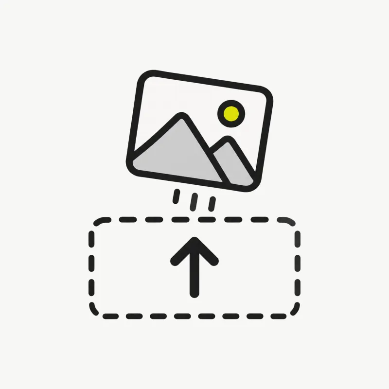 Illustration: a photo image card being dropped into a dashed-outline upload dropzone with an upward arrow
