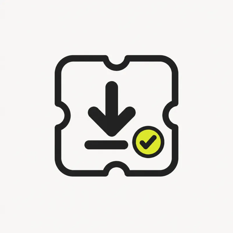 Illustration: a cutout tile with a download arrow and a check mark