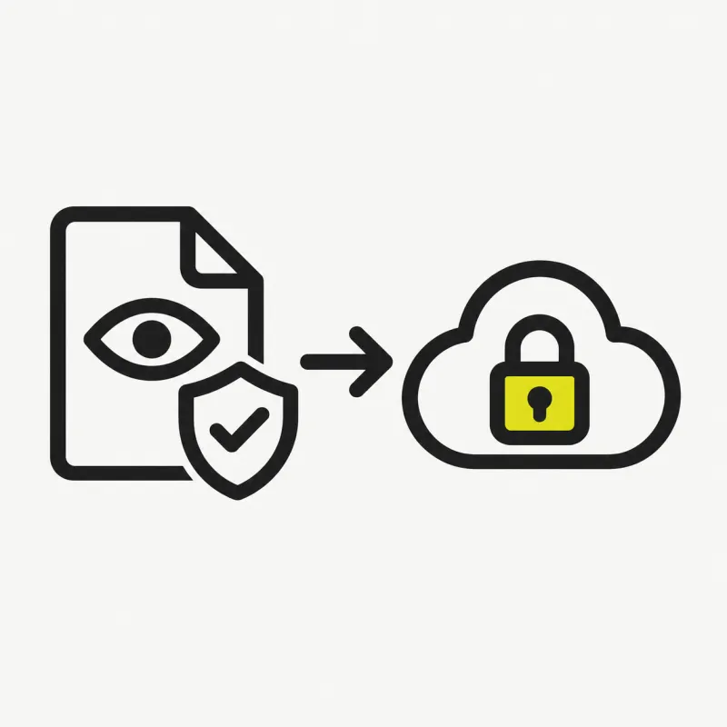 Illustration: a file with an eye-preview and a shield beside a cloud with a lock
