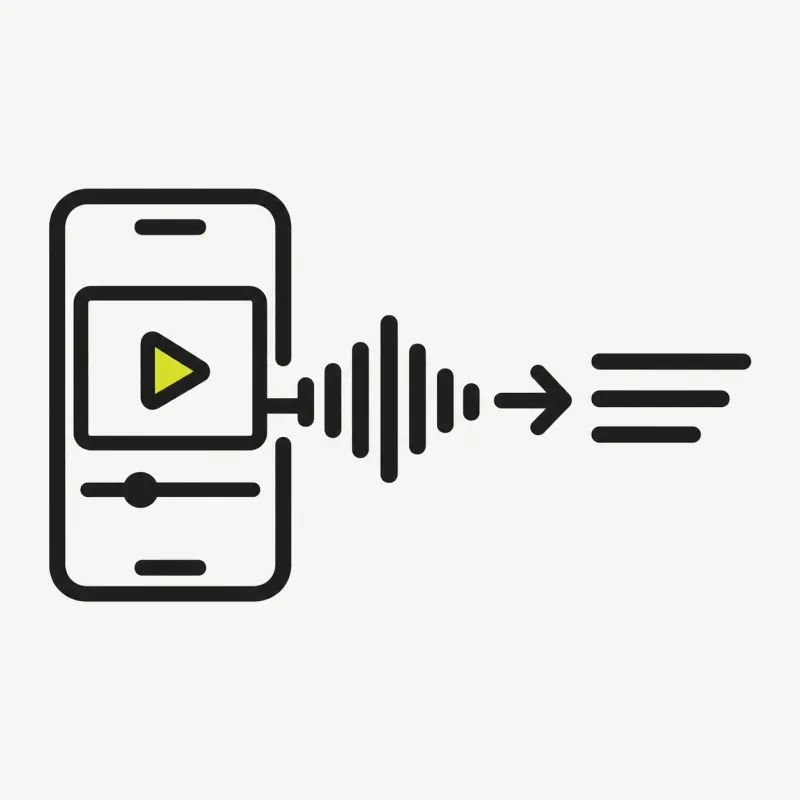 Illustration: a phone video frame with a soundwave flowing into text lines