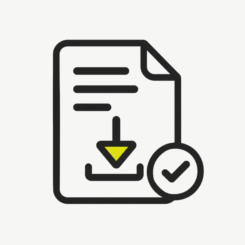 Illustration: a document tile with a download arrow and a check mark