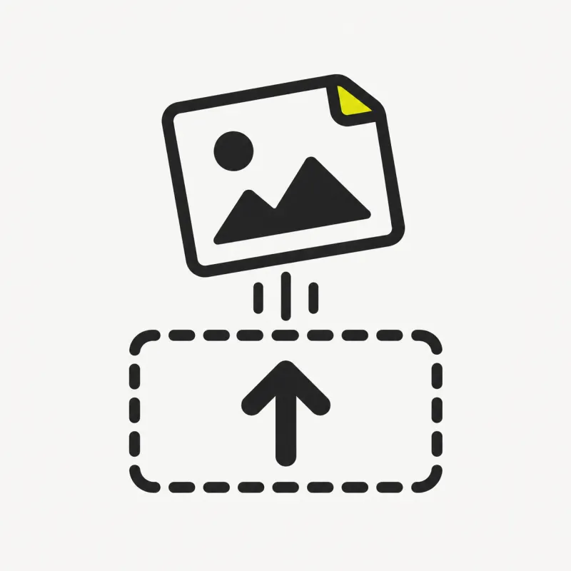Illustration: an image card being dropped into a dashed-outline upload dropzone with an upward arrow