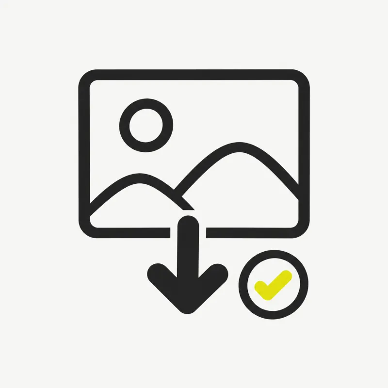 Illustration: a clean image tile with a download arrow and a check mark