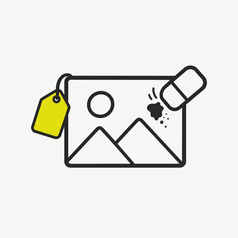 Illustration: a licensed stock image card with a small tag and a cleaned area