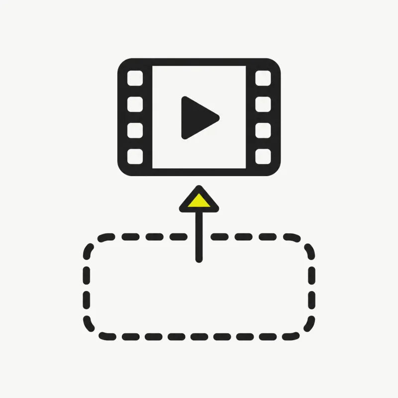 Illustration: a video file card being dropped into a dashed-outline upload dropzone with an upward arrow
