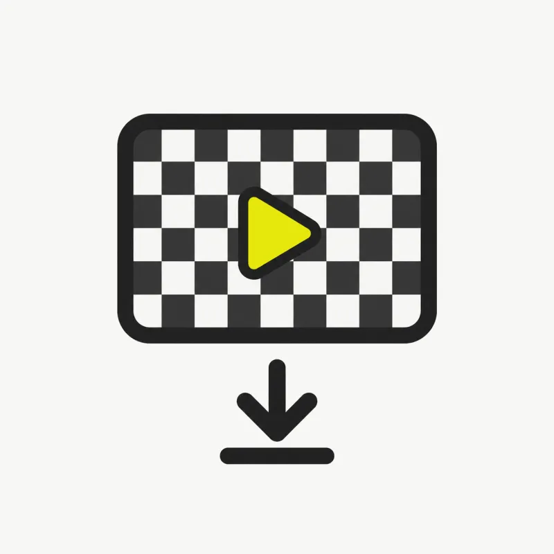 Illustration: a transparent-background video tile with checkerboard, a play triangle and a download arrow
