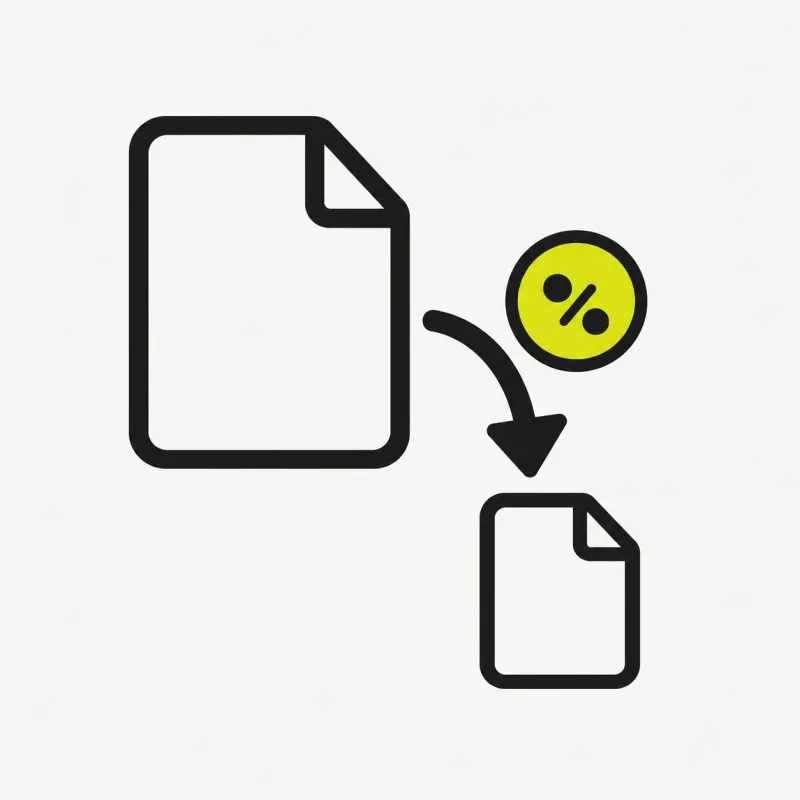 Illustration: two file-size tags one large one small connected by a downward arrow with a percent-saved badge