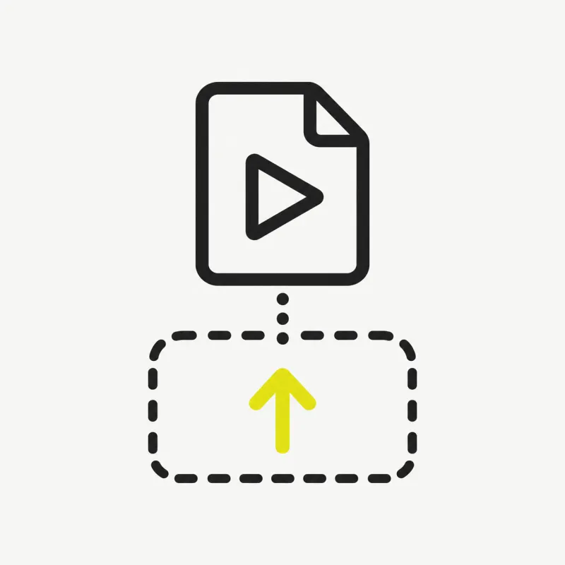 Illustration: a video file card being dropped into a dashed-outline upload dropzone with an upward arrow