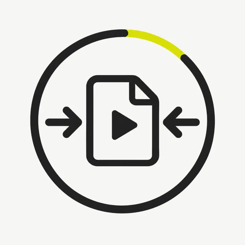 Illustration: a large video file card being squeezed smaller by inward arrows with a circular progress ring