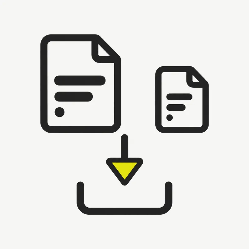 Illustration: two file-size tags large and small with a downward arrow and a download tray