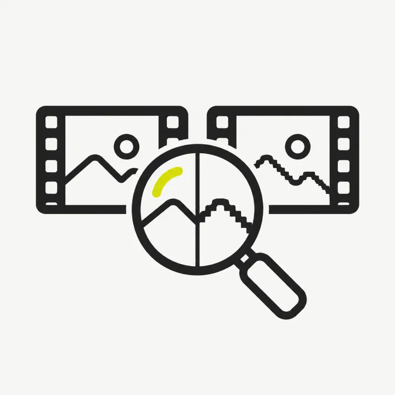 Illustration: a magnifying glass over two frames comparing detail