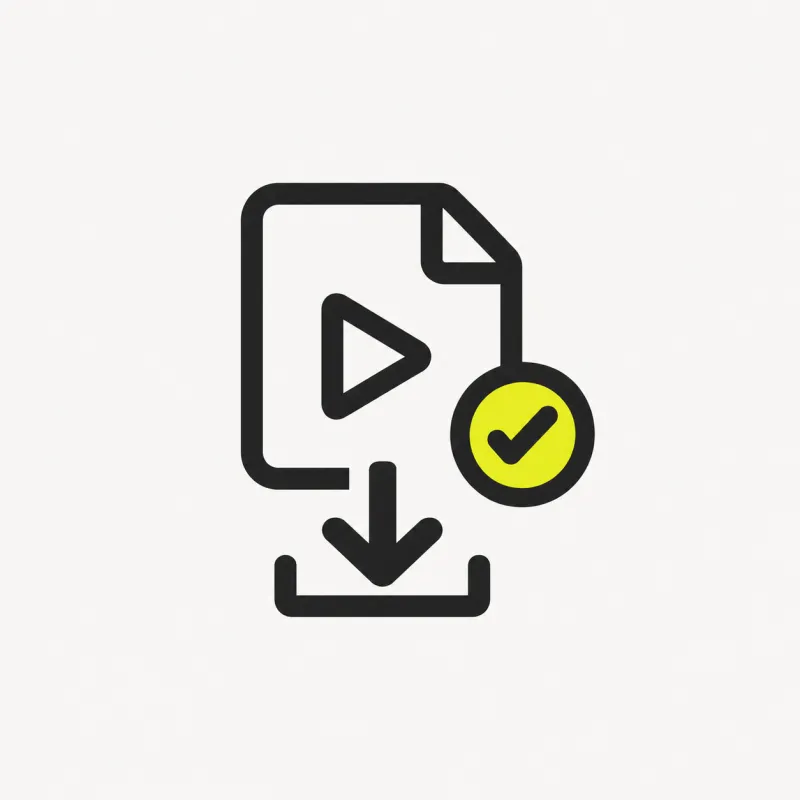 Illustration: a small video file tile with a download arrow and a check mark