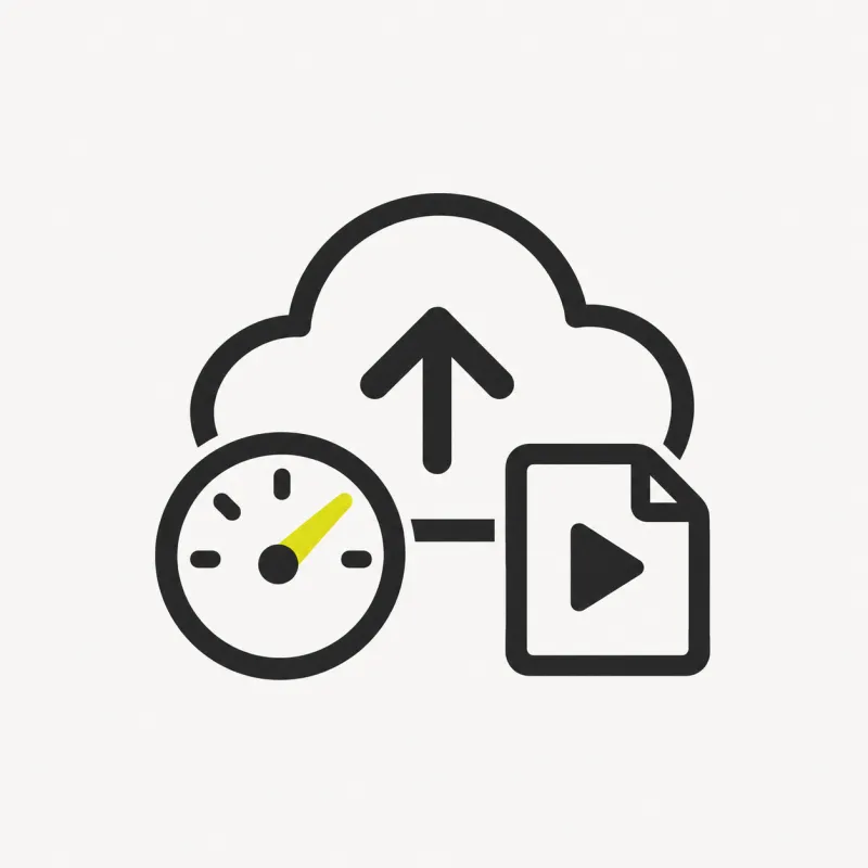 Illustration: a cloud upload arrow with a fast speed gauge and a small video file