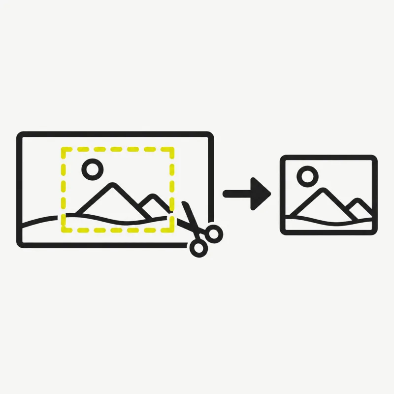 Illustration: a wide video frame with a crop rectangle inside it and scissors, and an arrow to a new smaller baked-in cropped frame