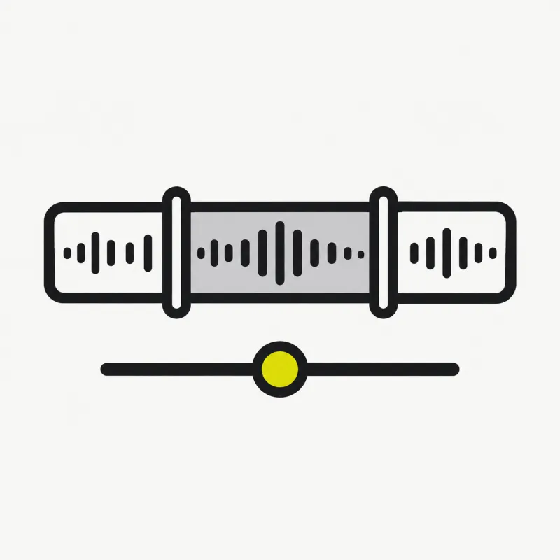 Illustration: a horizontal media timeline bar with two trim handles selecting a segment, plus a small bitrate slider dial beside it