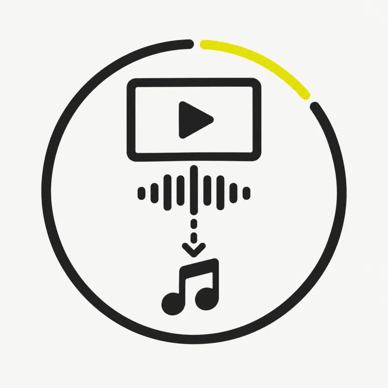 Illustration: a video rectangle with its audio waveform separating out downward into a music note, a circular progress ring around it