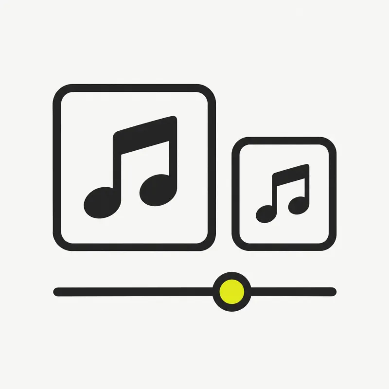 Illustration: two music-note tiles of different sizes with a bitrate slider