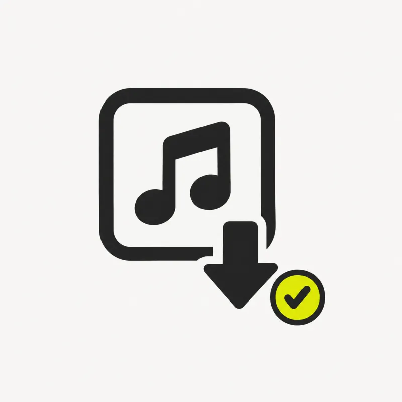 Illustration: a music note tile with a download arrow and a small check mark