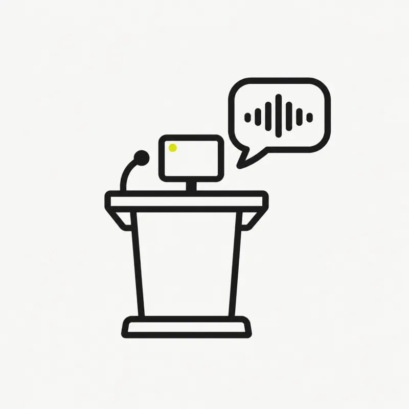 Illustration: a lectern with a small screen and a speech-bubble waveform