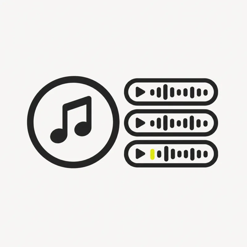 Illustration: a music note inside a play-circle next to a small stack of audio track bars