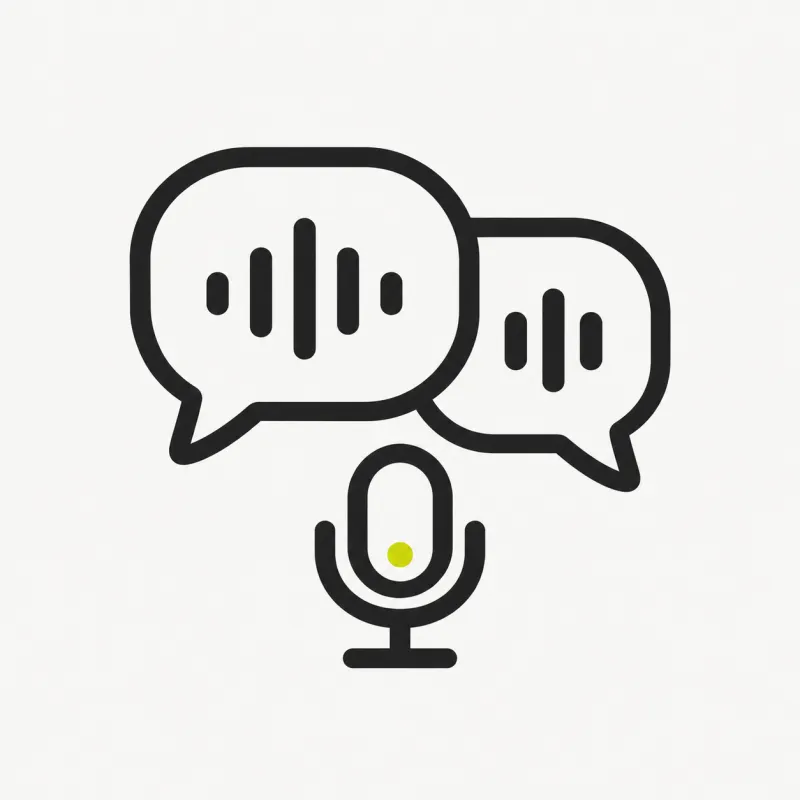Illustration: two overlapping speech bubbles with a small microphone