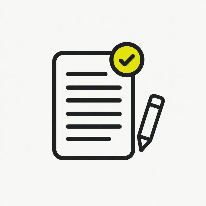 Illustration: a document of clean text lines with a small check-mark badge and a tiny pencil