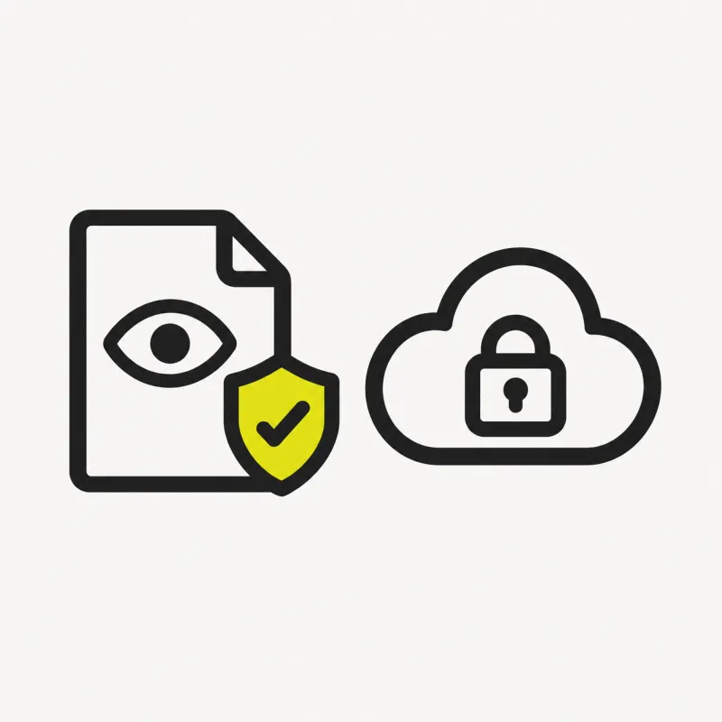 Illustration: a file with a small eye-preview and a shield, and a separate cloud with a lock for the run step