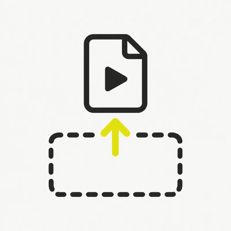 Illustration: a video or audio file card being dropped into a dashed-outline upload dropzone with an upward arrow