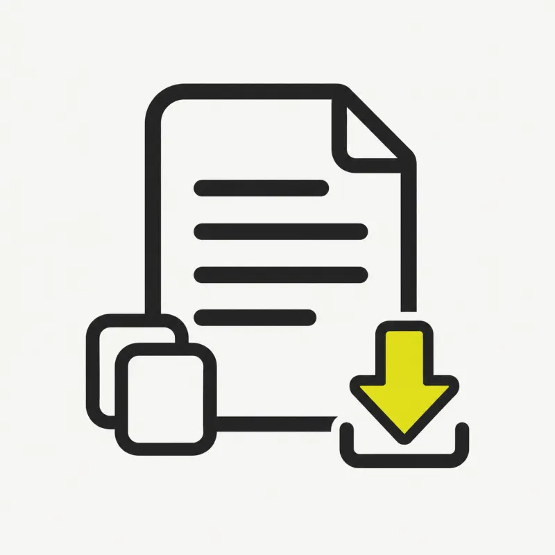 Illustration: a document of text lines with a copy icon and a download arrow