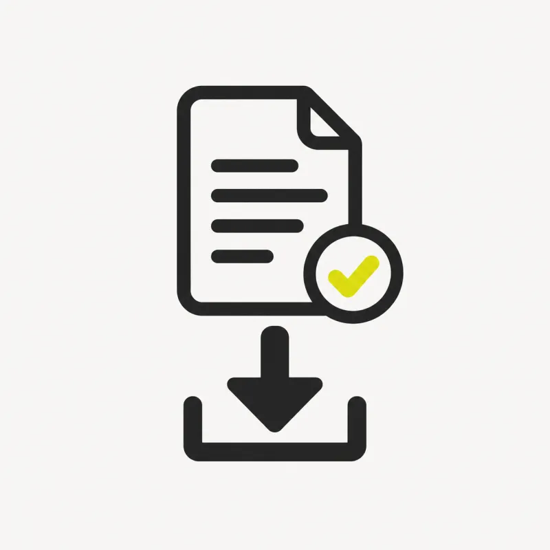 Illustration: a document tile with a download arrow and a check mark