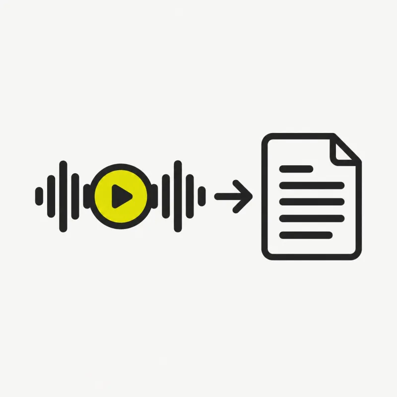 Illustration: a play-circle over a soundwave next to a document