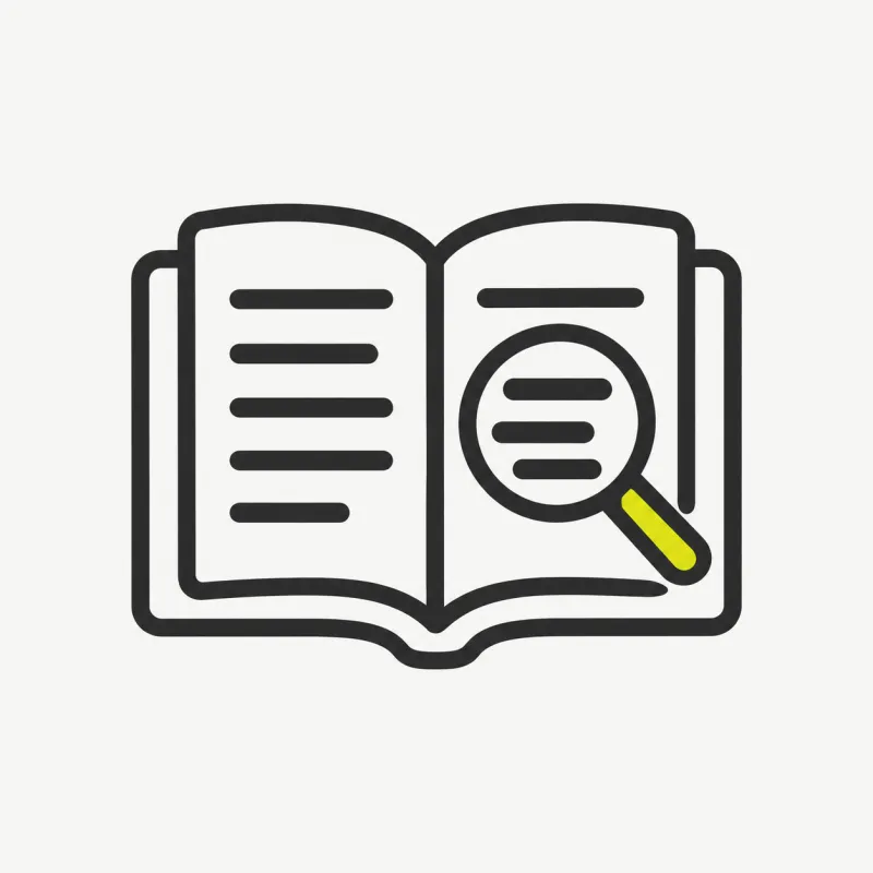 Illustration: an open book with a magnifying glass over text lines