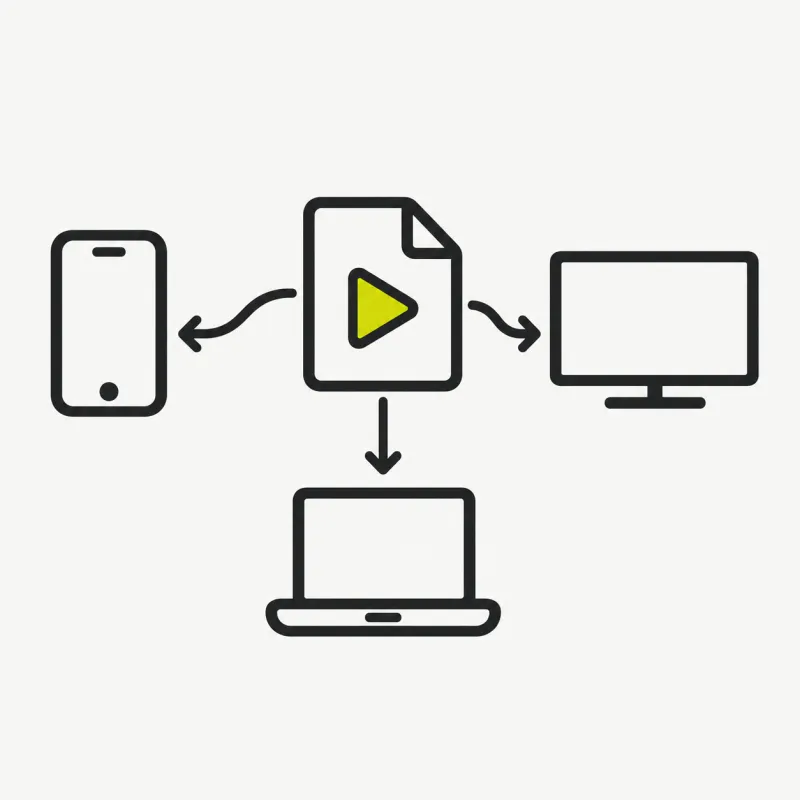 Illustration: a video file card connected by arrows to many device outlines (phone, laptop, tv)