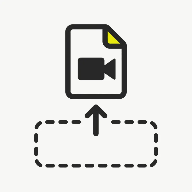 Illustration: a WebM video file card being dropped into a dashed-outline upload dropzone with an upward arrow
