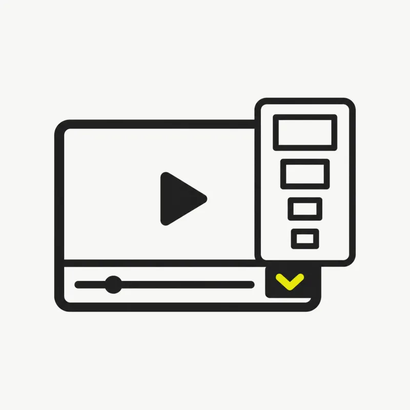 Illustration: a video frame with a resolution picker shown as stacked rectangles of different sizes and a dropdown chevron
