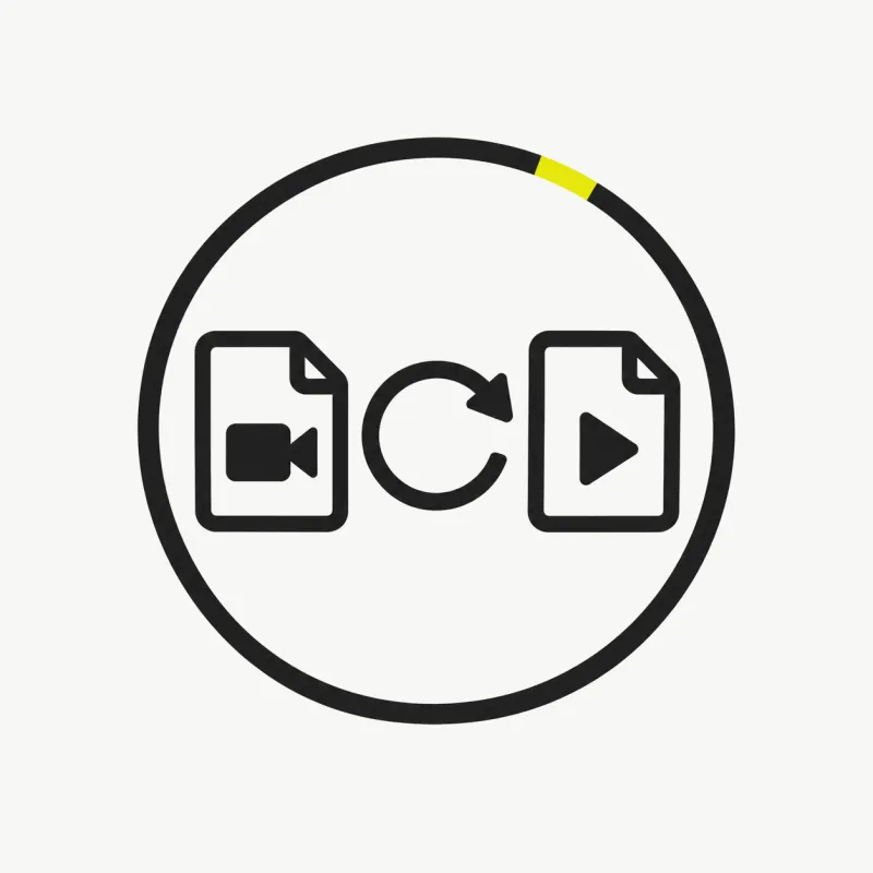 Illustration: one video file card transforming into another video file card via a circular arrow, a progress ring around it