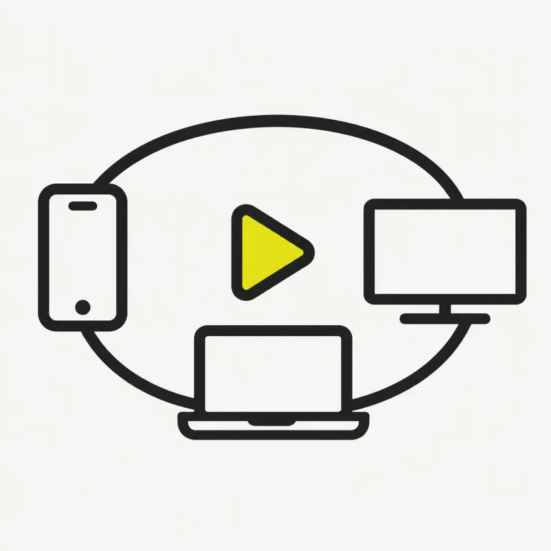 Illustration: a play button inside a wide circle of device outlines