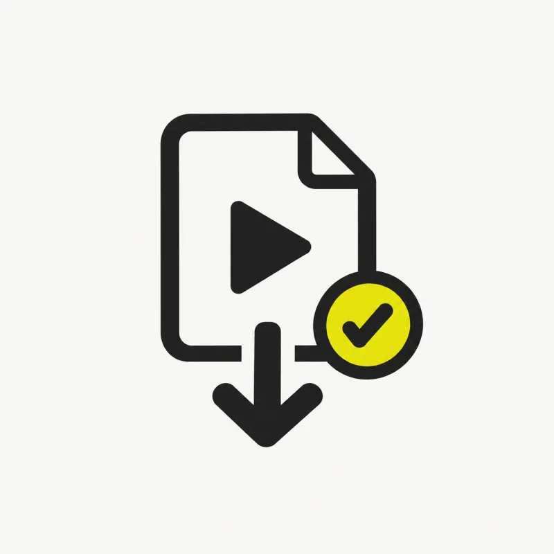Illustration: a video file tile with a download arrow and a check mark