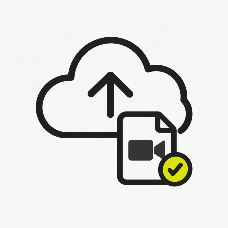 Illustration: a cloud upload arrow with a video file and a check mark
